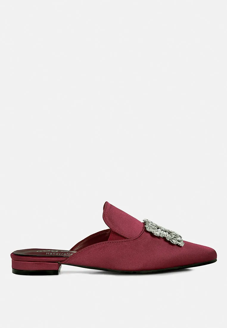 PERRINE Diamante Brooch Slip On Mules in Burgundy