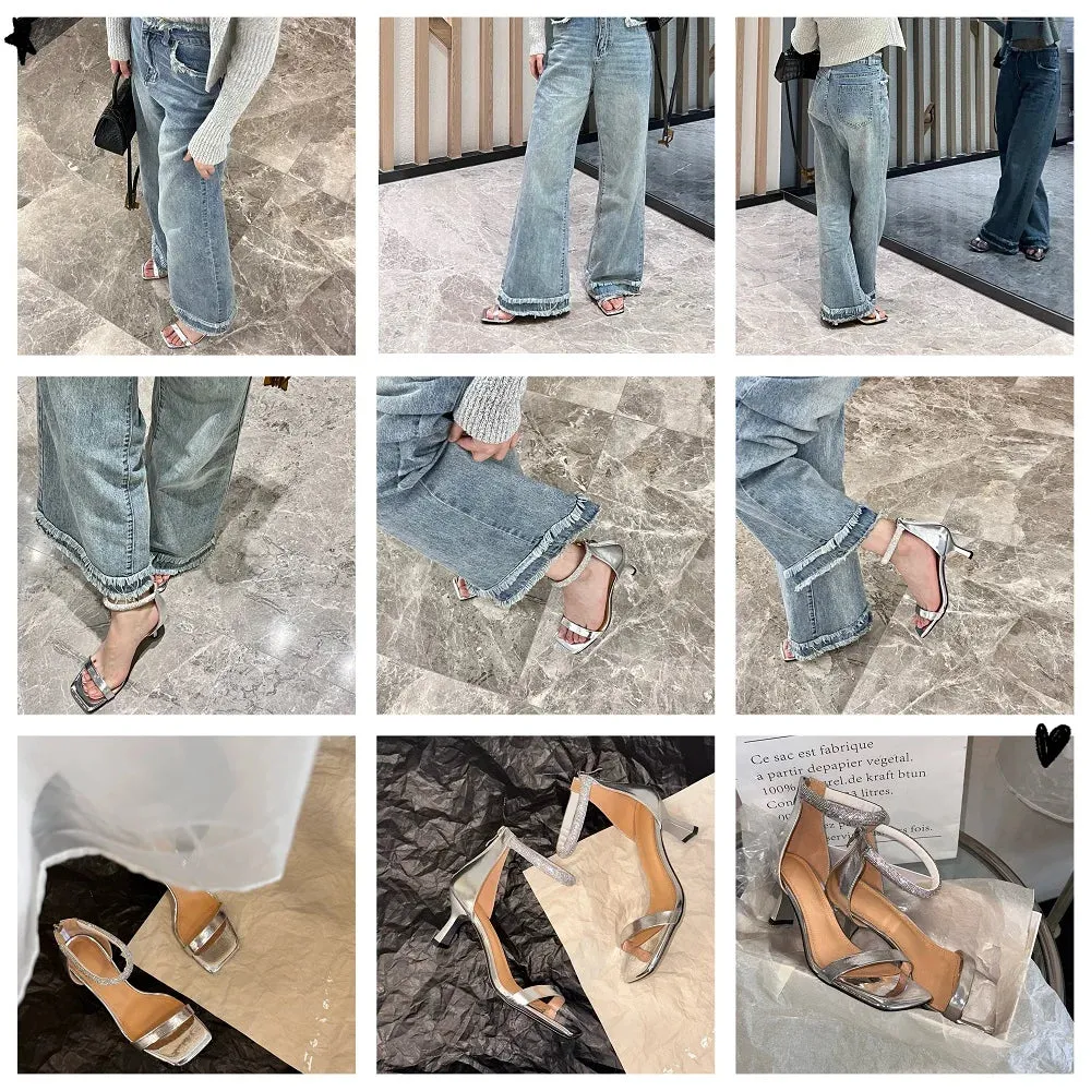 TAVIMART  -  Silver Sandals Women One Strap Slippers On Heel for Girls Women Paryty Wedding Shoes Luxury Crystals Elegant Summer Sandalias