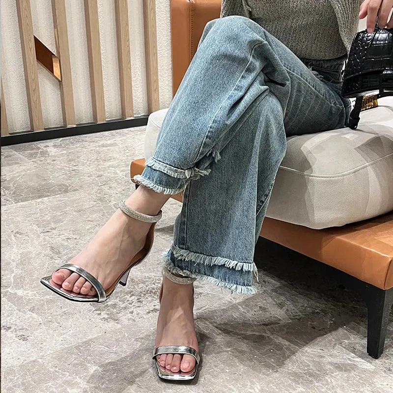 TAVIMART  -  Silver Sandals Women One Strap Slippers On Heel for Girls Women Paryty Wedding Shoes Luxury Crystals Elegant Summer Sandalias