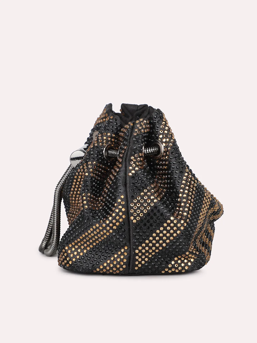 Women Black Embellished Potli Clutch with Sling